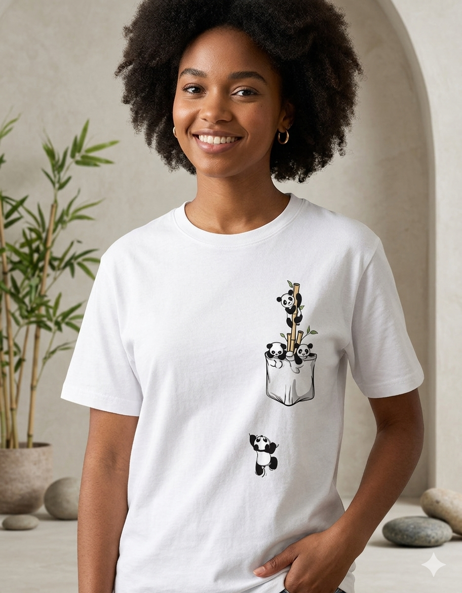 Person wearing a white t-shirt with a panda design in a pocket graphic.